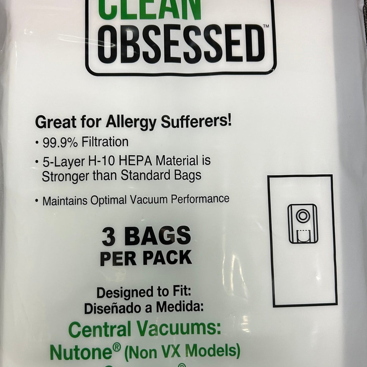 Clean Obsessed Central Vacuum Replacement Bags 3pk fits Nutone Non VX