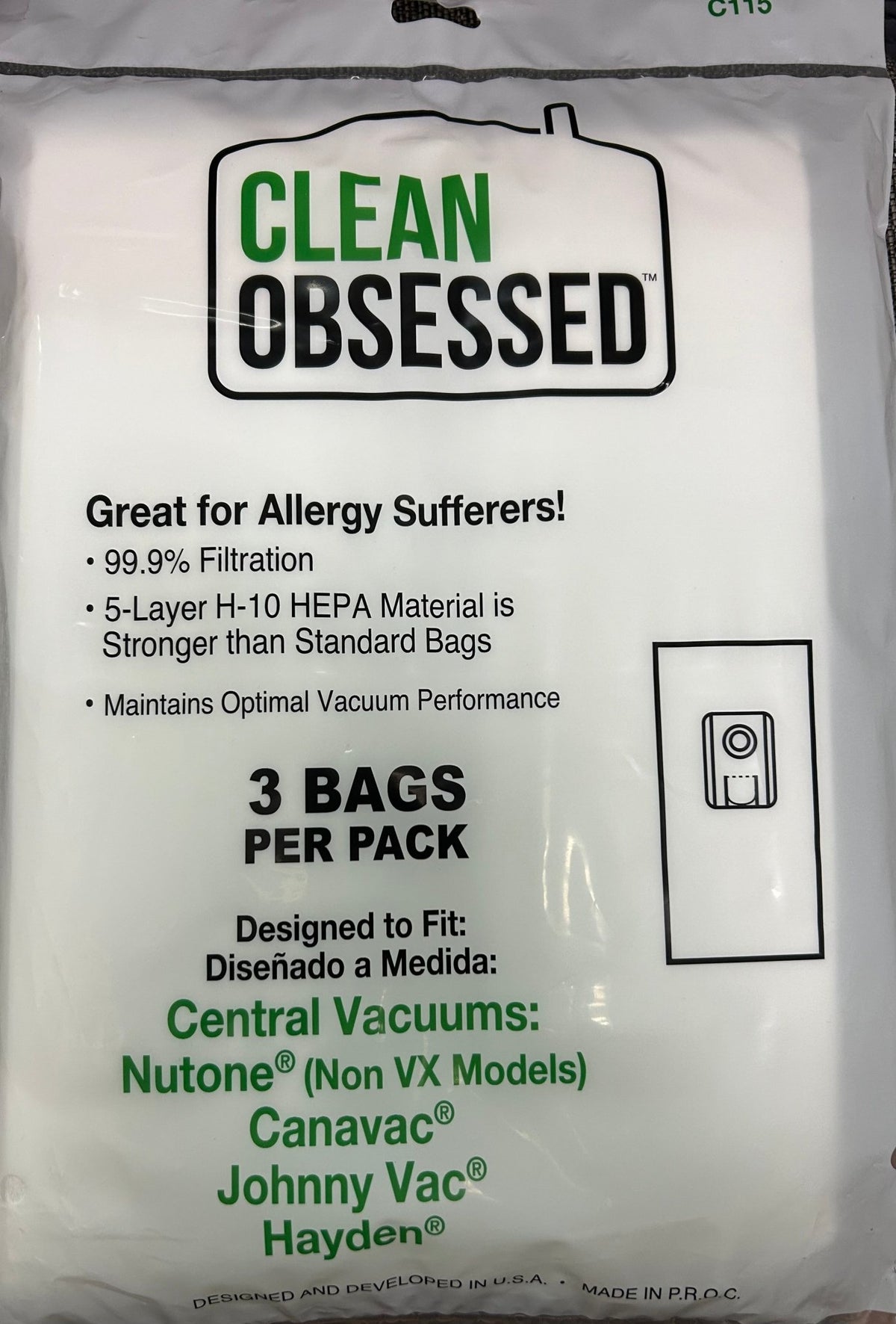 Clean Obsessed Central Vacuum Replacement Bags 3pk fits Nutone Non VX