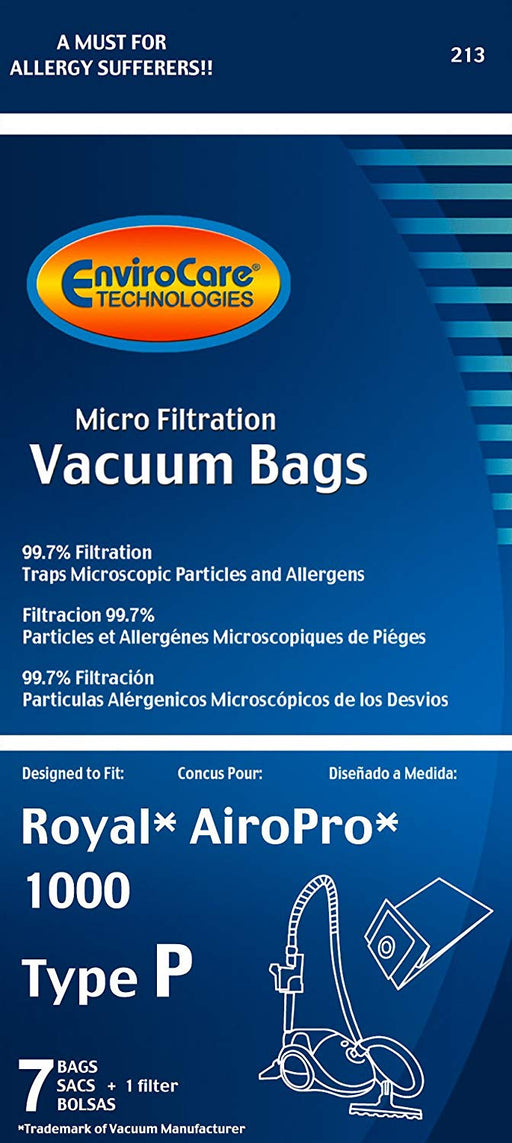 Royal AiroPro 1000 Type P Vacuum Bags - 7 Bags and 1 Filter (EnviroCare 213) - CJ Miller Vacuum Center Inc